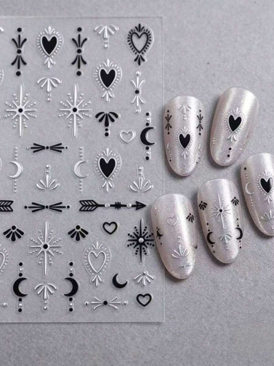 1 miếng dán móng tay kiểu INS màu đen bạc hình trái tim, ngôi sao và mặt trăng, decal móng tay cao cấp, tự dính, chống thấm nước, dễ tự làm, phong cách tối màu, thân thiện với người mới bắt đầu, vật dụng cần thiết cho tiệm nail, giá cả phải chăng - Nhiều màu - Xem 1