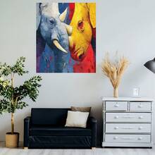 Plano 2D, 1 pieza Póster de lienzo plano 2D sin marco, Pintura en lienzo de elefante y rinoceronte coloridos, Diseño único, Duradero y de larga duración, Regalo ideal para uso en interiores/exteriores, Decoración de cafetería | Arte de pared vintage | Arte de pared duradero, Decoración de habitación - Enmarcado - Ver 5