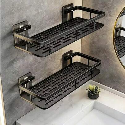 1 Kệ treo tường có móc, không cần khoan, giá đựng đồ nhà tắm gắn tường, chống gỉ, chất lượng cao cho phòng tắm và nhà bếp, kệ nổi để dầu gội, mỹ phẩm, bông tắm, khăn, trang trí nhà cửa màu đen hiện đại.