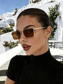 2pcs Summer Fashion Eyeglasses Set, Retro Rectangular Metal Frame Decorative Glasses, Unisex Suitable For Street Photography, Commuting, Daily Wear - 2pcs Metal Rectangular Gray Brown - View 7
