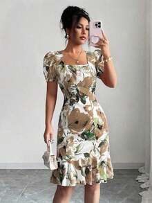 Vestido de mujer de cuello cuadrado de manga corta con estampado aleatorio - Amarillo - Ver 7