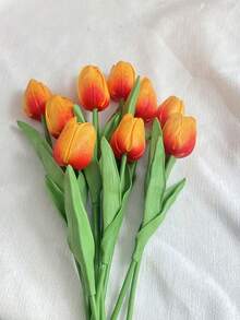 3 piezas de flores de tulipán artificiales, tulipanes miniatura de PU realistas para decoración del hogar de estilo nórdico, bodas, y accesorios de fotografía - Naranja - Ver 6