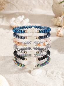 6pcs Fashion Turquoise Cross & Colorful Crystal Beaded Elastic Bracelet Set, Suitable For Women Daily Wear And Gift - Multicolor - View 5