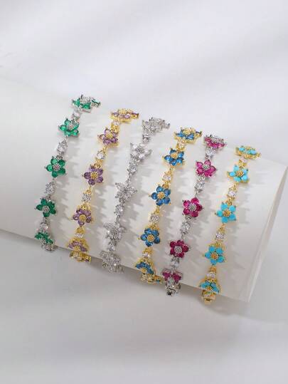 1pc Cute Floral Colorful Zirconia Claw Chain Bracelet, Suitable For Party And Gathering