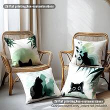 4件套极简黑色猫咪与植物剪影抱枕套，单面柔软桃皮绒面料，45*45厘米抱枕套，适合室内装饰、派对装饰、装饰枕礼品 - 彩色 - 查看 3
