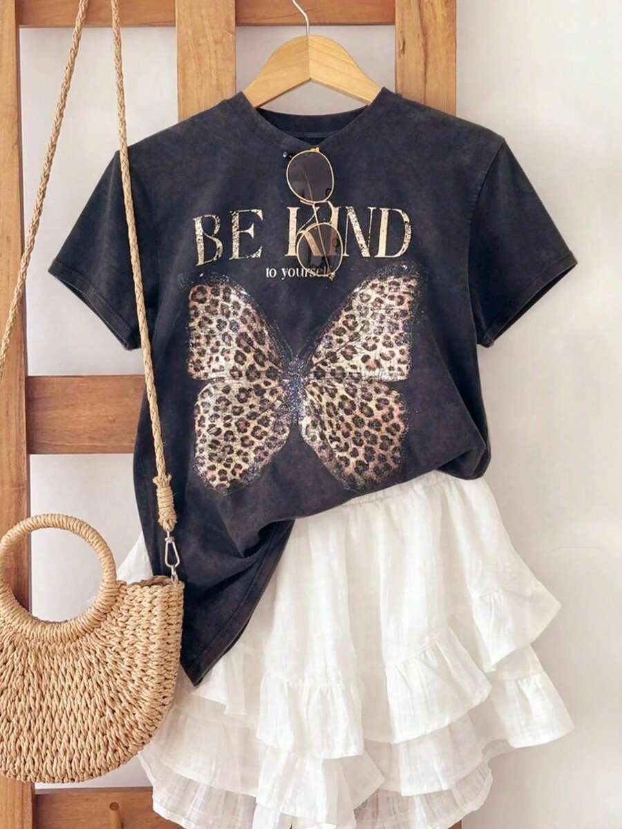 Áo thun nữ cổ tròn họa tiết da báo và bướm, tay bồng, thích hợp làm quà tặng bạn bè, lý tưởng cho kỳ nghỉ biển và mặc thường ngày mùa hè. - Màu xám đen - Xem 1