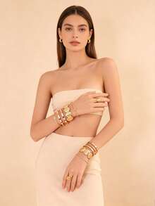 2pcs Luxury Gold Geometric Coil Design Bangle Bracelet And Ring Set, Versatile Jewelry For Daily Wear And Social Events, Suitable As Valentine's Day Gift - Gold - View 2
