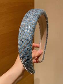 1pc Women's French Elegant And Gentle Versatile Denim Sequin Headband, Suitable For Daily Use At Home, School, Beach, Work Commute, Party. Helps Tame Flyaway Hair, Can Be Given As A Gift. Super Youthful, Meets Daily Matching Needs. Great For Beach Vacation, Dates, Work Commute, Easy To Style, Practical Item!,Festival,Birthday - Multicolor - View 7