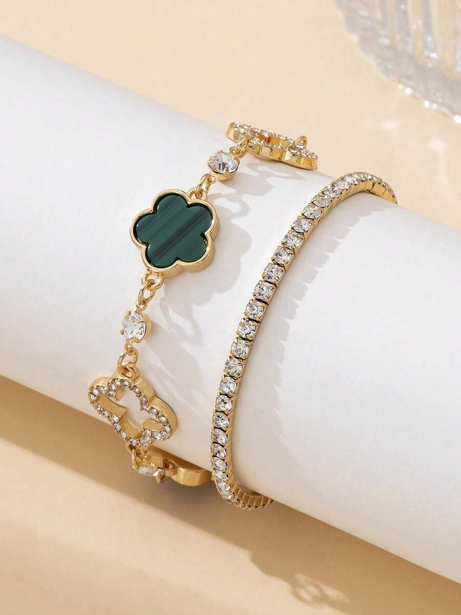 1 Set Luxury Rhinestone Hollow Clover & Green Leaf Charm Bracelets, Women Elastic Bracelet Set For Stacking - Green - View 1