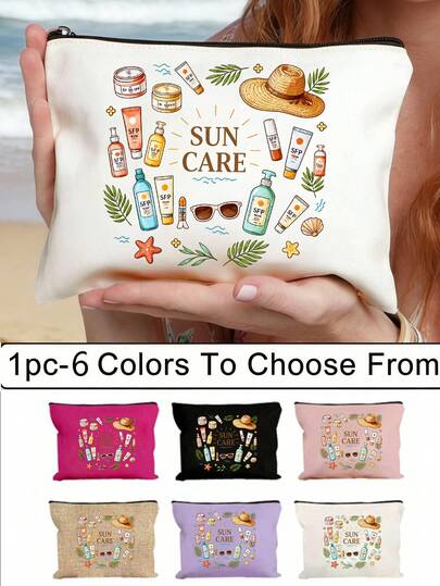 Summer Refreshing Makeup Bag, Featuring Printed Slogans And Patterns Of Sunscreen, Sun Hats, Fashion Glasses, And Other Sun Protection Care Items. It Exudes A Refreshing Vacation Vibe. Girls' Travel Survival Bag, Men's And Women's Zipper Bag, Cosmetics, Makeup And Travel Essential Lightweight Reception Bag, Perfect Gift For Teenagers, Birthday And Travel Accessories,Holiday Gifts