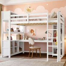 Loft Bed, 140 X 200 Cm, Shelves, Ample Storage, Desk, Wardrobe, Mattress Not Included, White - White - View 2