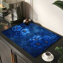 1pc Blue Floral Print Absorbent Mat/Drying Mat For Coffee Maker, Dishes - Polyester Absorbent Desktop Protective Mat With Rubber Anti-Slip Pad, For Kitchen Counter Decor, Home Bar And Dining Table - Multicolor - View 4