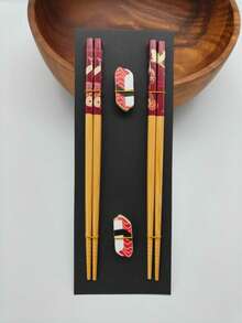 2 Pairs Japanese Natural Bamboo Chopsticks With 2 Bamboo Chopstick Rests Set, Japanese Print Bamboo Chopsticks And Natural Wooden Chopstick Holder - Multicolor - View 33