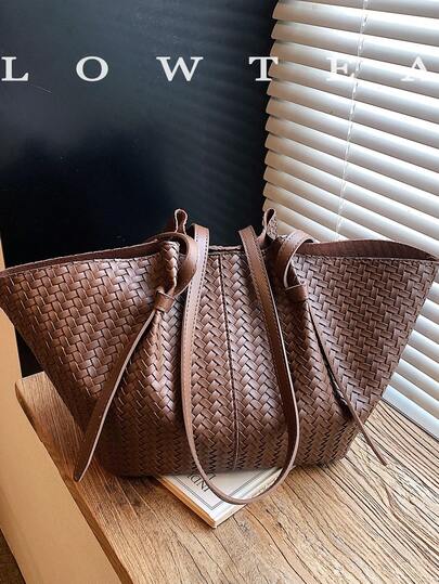  2pcs Low Tea Solid Color PU Leather One Shoulder Bag Women Casual Large Capacity Tote Bag, Floral Print, Dual Handle Design With Snap Closure, Suitable For Travel, Shopping, Dating, Women's Gift, Fit For Teenagers, College Girls, And Office Ladies, Ideal For Office, School, Work, Business, Commuting, Outdoor, Travel, Picnic
