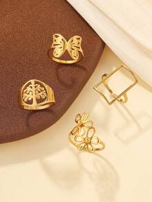 4pcs Stainless Steel Gold Rectangular, Flower, Butterfly, Tree Ring Set, Gift For Valentine's Day, Mother's Day - Yellow Gold - View 5