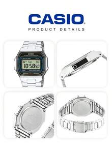 Casio Vintage Digital Watch Silver Metal Bracelet Blue Accent LCD Alarm Chronograph Battery 12/24H Water Resistant Unisex Iconic Retro Everyday Watch Y2K Style Office Campus Festival Gift for Teen Couple Best Friend - A164WA-1 - 查看 6
