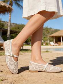 Bailarinas de malla para mujer, con tul y bordado floral, estilo Mary Jane, punta redonda, cómodas, para uso diario, con hebilla - Blanco - Ver 1