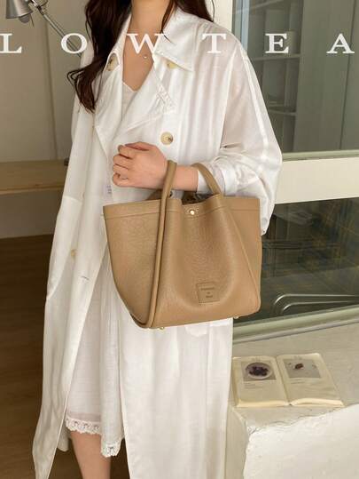  2pcs Low Tea Solid Color PU Tote Bag, Women's Retro Fashion One Shoulder Tote Bag, Top Double Handle Design, Snap Closure, Suitable For Travel, Shopping, Dating, Women's Gift, Very Suitable For Commuting, Outdoor, Travel, Hiking, Going Out
