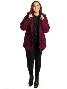 Anistia Women's Parka Jacket, Twill, Fur Lining And Hood - 酒紅色 - 查看 6
