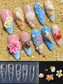 海洋主題蘭花櫻花花卉矽膠美甲印花板 海龜海星貝殼泡泡美甲雕花模板 夏季海灘度假凝膠指甲油印刷美甲印花模具美甲工具 - 無色 - 查看 6