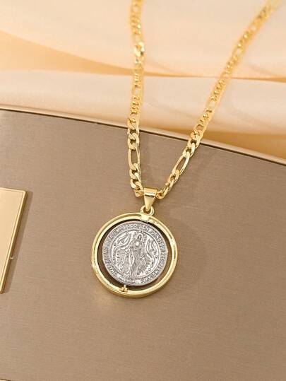 1PC Unisex Vintage Religious Rotatable Virgin Mary Medal Necklace For Men & Women, Made Of 14k Gold Plated Copper With 60cm Classic Figaro Chain For Comfort, Exquisitely Carved Double-Sided Medal, Perfect As First Communion Souvenir And Baptism Gift, Suitable For Daily Wear And Religious Ceremonies, Simple And Versatile
