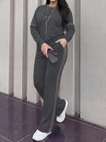 Women's Spring/Autumn New Comfortable Loose Contrast Stripe Printed Round Neck Long Sleeve T-Shirt And Elastic Waist Loose Pants 2-Piece Set, Suitable For Casual Commuting - Dark Gray 23 - View 1