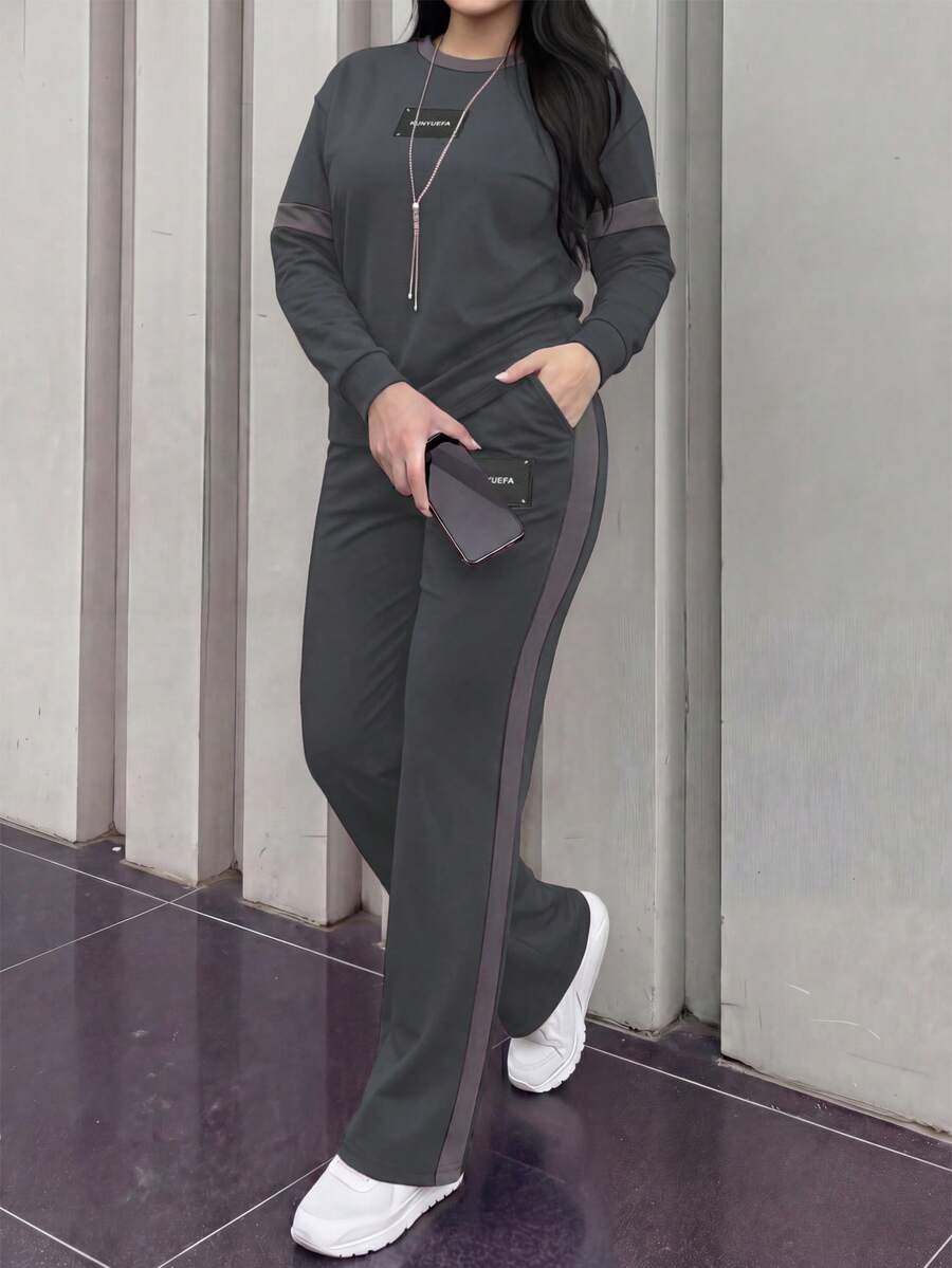 Women's Spring/Autumn New Comfortable Loose Contrast Stripe Printed Round Neck Long Sleeve T-Shirt And Elastic Waist Loose Pants 2-Piece Set, Suitable For Casual Commuting - Dark Gray 23 - View 1