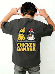 Teen Boy Casual Funny Print Crew Neck Short Sleeve T-Shirt, Summer Top - Dark Grey - View 2