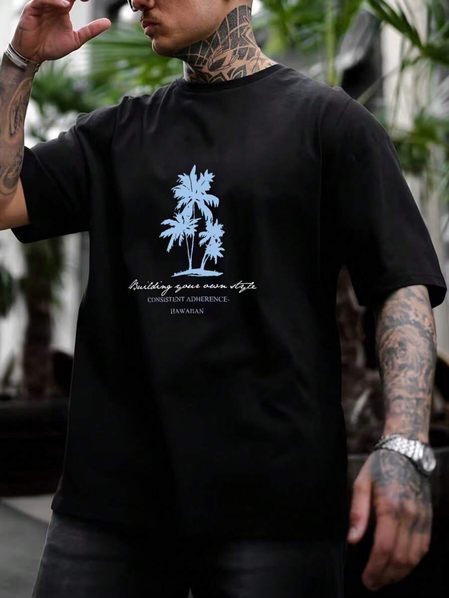 Teen Boy Casual Round Neck Short Sleeve T-Shirt, Knit Fabric, Black With Light Blue Coconut Tree And Handwritten English Letter Print, Summer Beach Coconut Tree Slogan Graphic, American Style Fresh And Versatile, Loose Fit, Flattering For Students, Suitable For Summer Sports And Daily Wear - Black - View 1