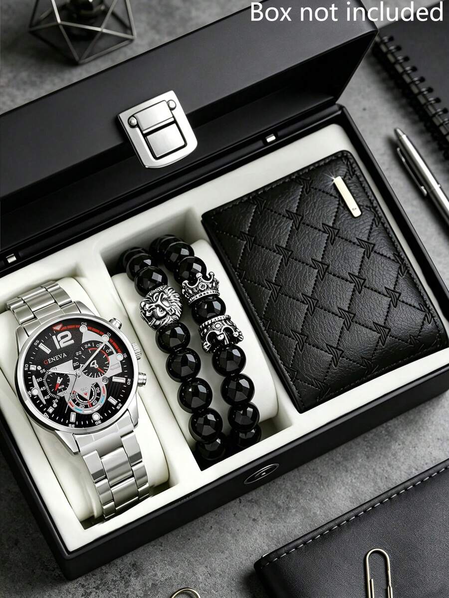 3-Piece Stylish Hardcore Men's Watch Set, Including Black Dial Square Quartz Watch, Lion Head Silver & Black Beaded Bracelet, And Black Geometric Pattern Leather Wallet Strap. The Watch Features A Minimalist Scale Design, With A Steady And Rugged Style That Exudes Masculine Charm. - Silver - View 1