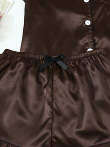 2 Potong Set Piyama Satin, Atasan Lengan Pendek Berkerah dan Celana Pendek Berpita, Pakaian Tidur Wanita - Coffee Brown - View 6