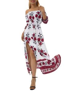 Women Floral Print Long Sleeve, 3/4 Sleeve Off-shoulder Side Split Dress for Summer - Flor - Ver 5