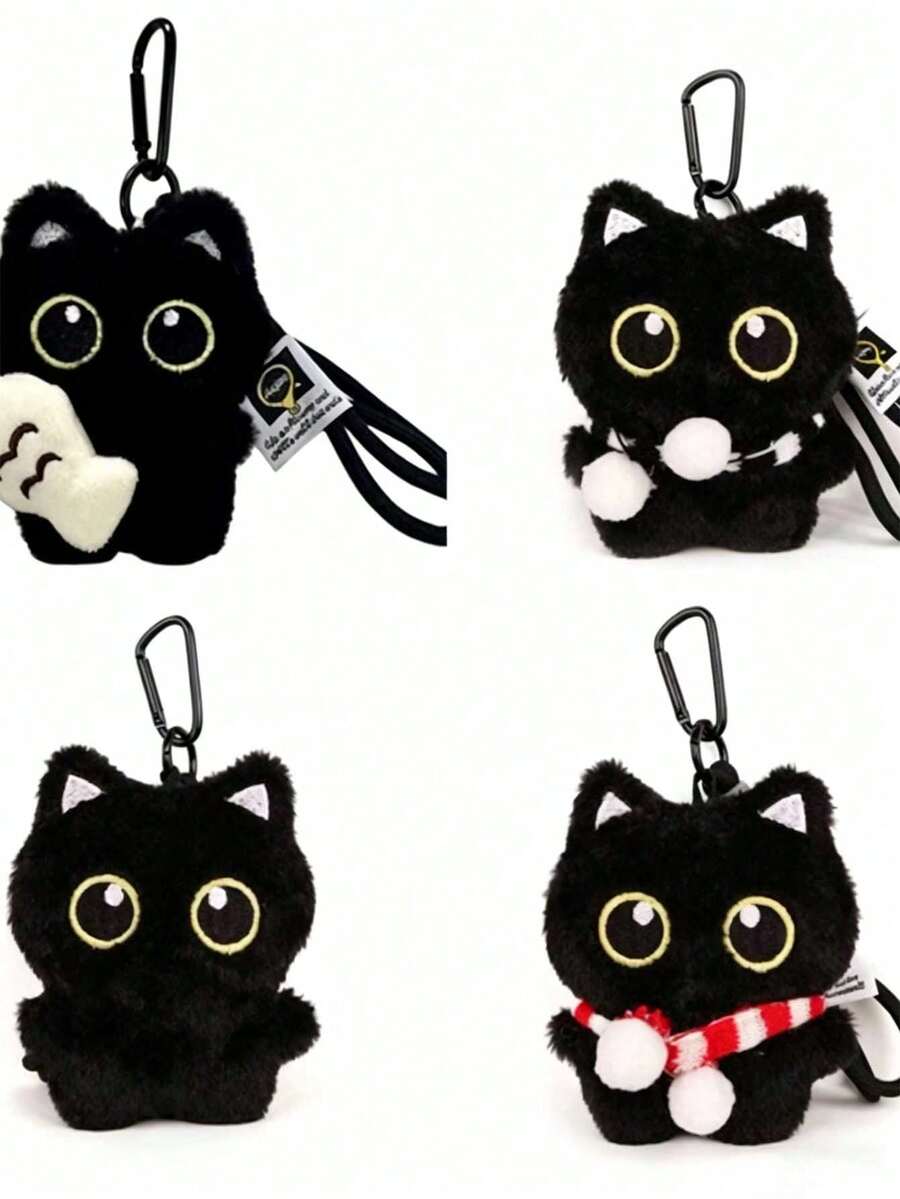 1个可爱草莓黑猫毛绒挂件，萌萌的毛绒娃娃背包挂饰 - 黑色 - 查看 1