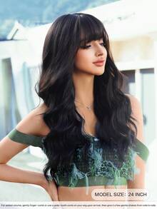 7JHH WIGS 女士长款自然波浪黑色假发，24英寸时尚合成波浪卷发假发，带刘海，高品质耐热纤维全机织假发，适合初学者佩戴，无需胶水，可用于日常派对、音乐节、角色扮演等场合。 - 黑色 - 查看 4