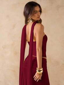 Conjunto de 2 piezas de top bandeau drapeada de color rosa sólido y falda larga drapeada y anudada a la cintura baja, conjunto de ropa de playa y vacaciones, vestido bohemio de espalda descubierta, atuendo para conciertos de mujer, vestimenta de - Burdeos - Ver 7