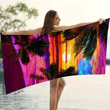 1 Oversized Sunset Beach Pattern Design Print Sports-Style Beach Towel In 3 Sizes, Washable Towel, Machine Washable - Soft, Absorbent, Quick-Drying, Suitable For Swimming Pools, Camping, Travel, Fitness, A Beach Essential - A - Xem 2