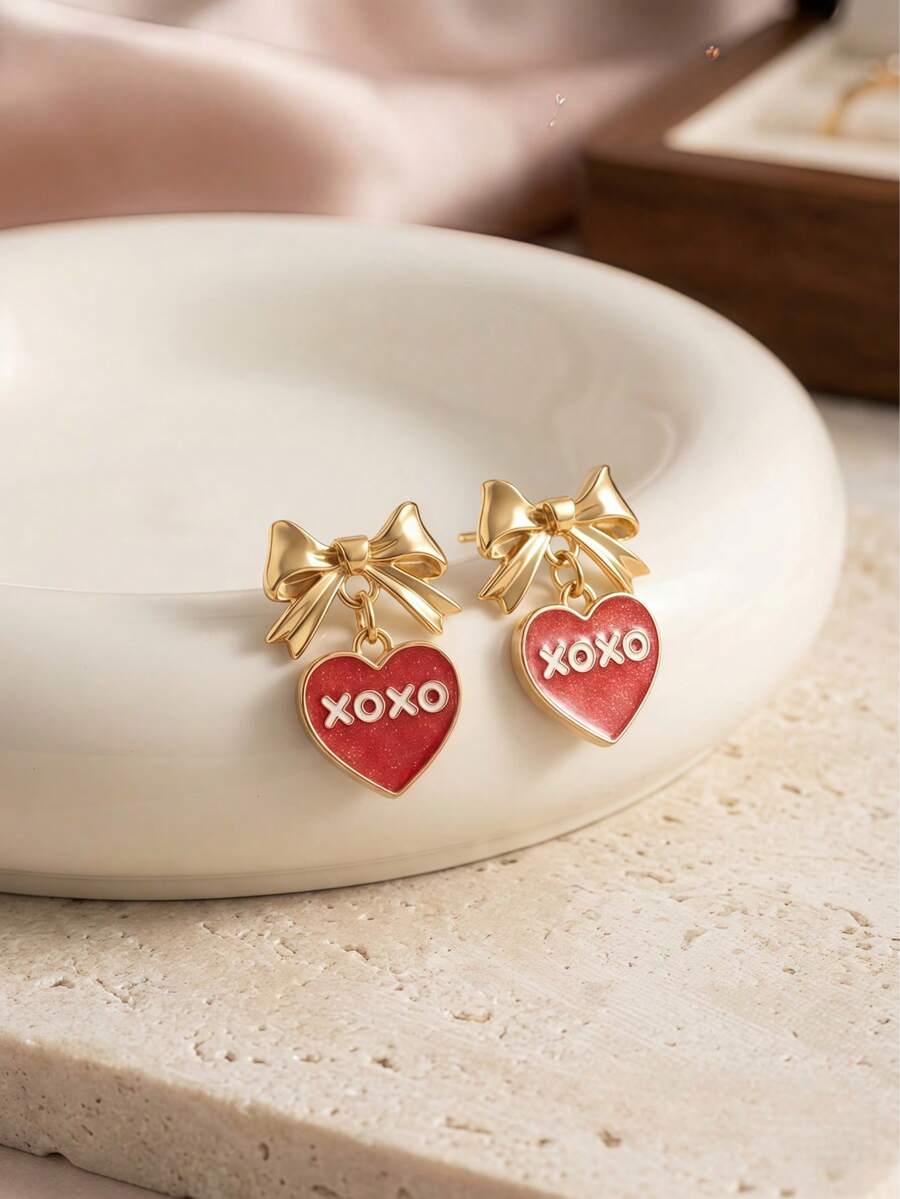 1 Đôi bông tai hình trái tim XOXO kiểu cổ điển thanh lịch, mặt dây chuyền hình bướm, phù hợp cho nữ giới đeo hàng ngày hoặc dự tiệc. - Vàng - Xem 1