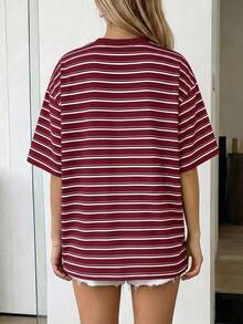 Kaos Lengan Pendek Longgar Bermotif Garis-Garis, Kasual untuk Liburan Musim Panas Wanita - Burgundy - View 2