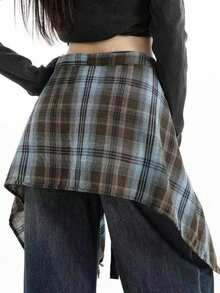 Retro Plaid Jumpsuit Skirt, Decorative Waist Tie Neutral High Waist Ruffle Hem Apron, Versatile Daily Wear Accessory - Multicolor - View 3