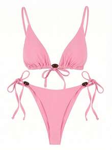 Pink Beaded Triangle Bikini Top, Side Tie Strap Separates Swimsuit, Minimalist Solid Color Beachwear - Pink - View 2