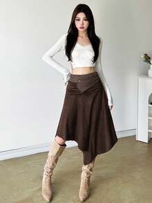 Chân váy midi dáng suông bất đối xứng cạp thấp YeonC dành cho nữ, chất liệu polyester trơn, phù hợp cho các buổi tiệc, biểu diễn sân khấu và hòa nhạc. - Cà phê nâu - Xem 1