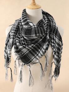Desert Plaid Tactical Square Scarf Arabic Tassel Keffiyeh Headscarf - Black and White - View 2