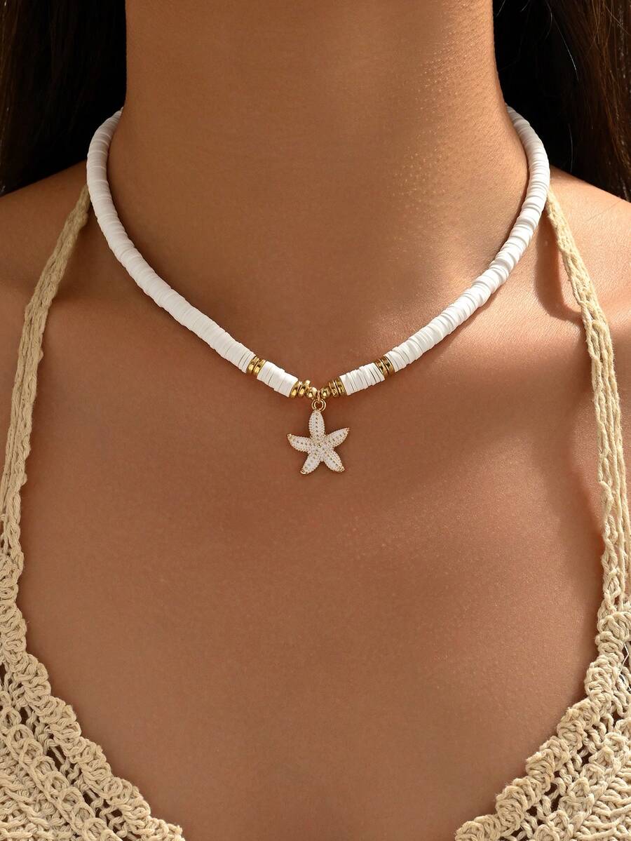1 pieza Collar de aleación de cerámica suave blanca minimalista y de moda con forma de estrella de mar, versátil para adolescentes, uso diario en vacaciones de verano y playa - Blanco - Ver 1