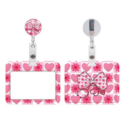 Ins Style Fresh Floral Print Retractable Card Holder With Bow And Badge Clip Medical Office ID Badge Holder UV Badge