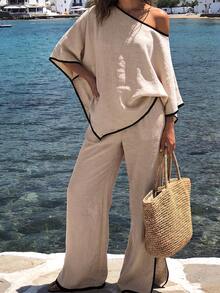UrbanChic. Contrast Trim Asymmetric Oblique Neck Top Spring/Summer Casual Vacation Loose Slimming Long Pants Set - Khaki - View 3