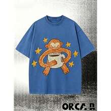 Vintage Washed BlackT-Shirt, Cute Cartoon Monkey With Coffee Cup & Yellow Stars Print Tee,Retro Distressed Oversized Short Sleeve Casual StreetwearTop - 藍色 - 查看 10