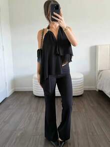 Camiseta sin mangas con espalda descubierta para mujer, Top Sexy con cuello Halter y malla Irregular de retazos, chaleco ajustado elegante salvaje para citas del Día de San Valentín - Negro - Ver 2