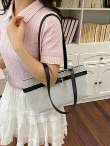 歐美風對比色亞麻女款托特包 2026新款 優雅時尚清新 格紋紋理 大容量單肩腋下托特包 - 黑色 - 查看 11