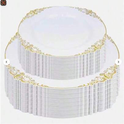 50/25/10/1件套白色镶边龙纹餐具，7.5英寸小盘/10.25英寸大盘，食物托盘，水果沙拉盘，餐盘，可重复使用的沙拉盛放套装，易于清洁，适用于婚礼装饰、母亲节、生日派对、家庭聚会、户外团队建设、学校、餐厅和厨房餐具、盘子、托盘