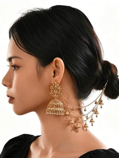 优雅水钻镶嵌耳环，传统中东风格Jhumka耳环，搭配铃铛流苏链，适合女士婚礼、宴会或派对佩戴，也是女士节日珠宝礼物。